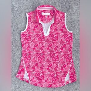 Pebble Beach Sleeveless Pink Palm Floral Print Dry Luxe Performance Golf Shirt